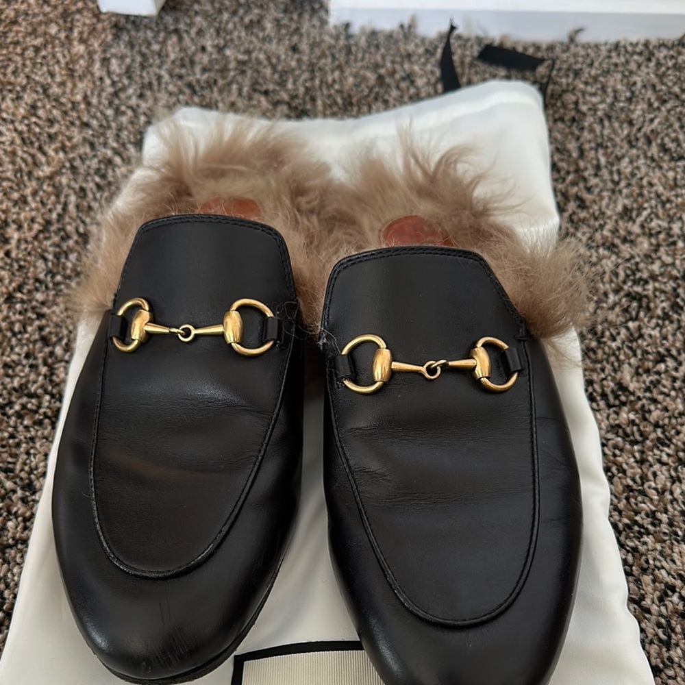 Black Leather Loafers with Fur Trim
